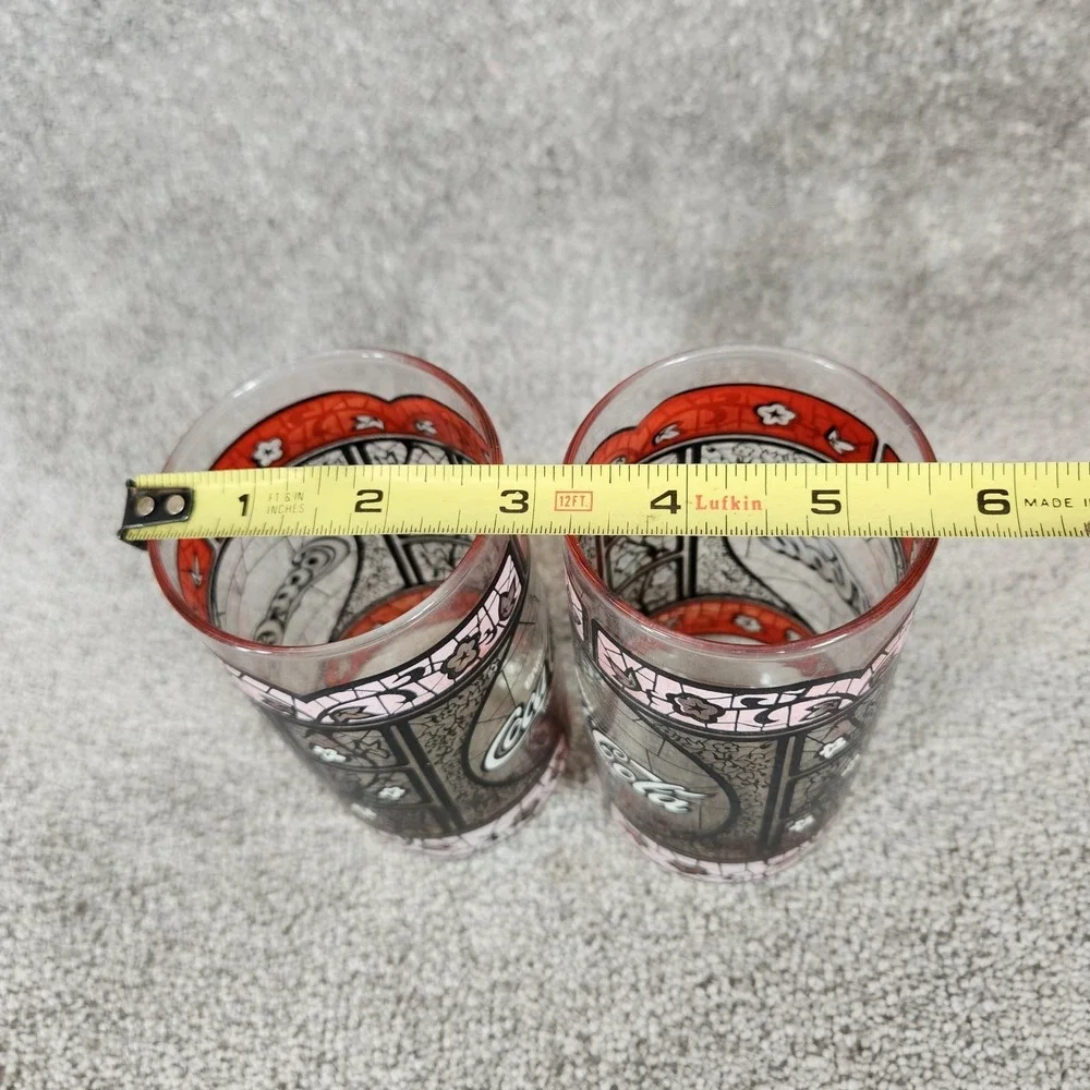 Coca-Cola Drinking Glasses Red Tiffany Stained Glass Style Vintage Set of 2 OS
